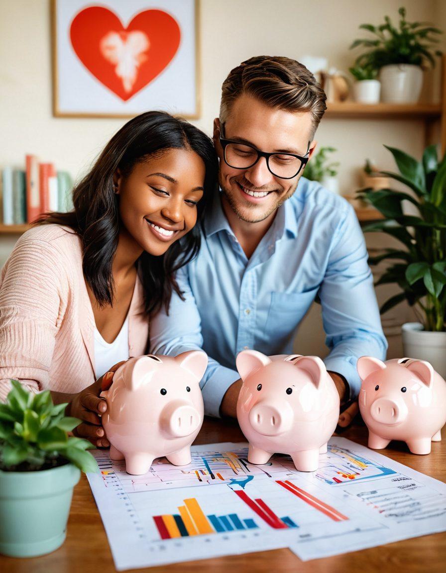 A couple joyfully planning their future, surrounded by financial charts, a heart-shaped piggy bank, and plants symbolizing growth and devotion. Soft, warm colors to evoke warmth and connection, with a cozy home setting in the background. Emphasize positivity and teamwork in their expressions. super-realistic. vibrant colors. soft focus.