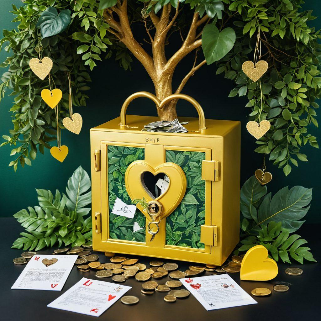 A collage depicting the journey from financial investments to emotional connection: a golden key unlocking a heart-shaped safe filled with cash and love letters, surrounded by flourishing green plants symbolizing growth. In the background, a couple exchanging heartfelt moments under a tree with coins falling like leaves. super-realistic. vibrant colors. soft focus.